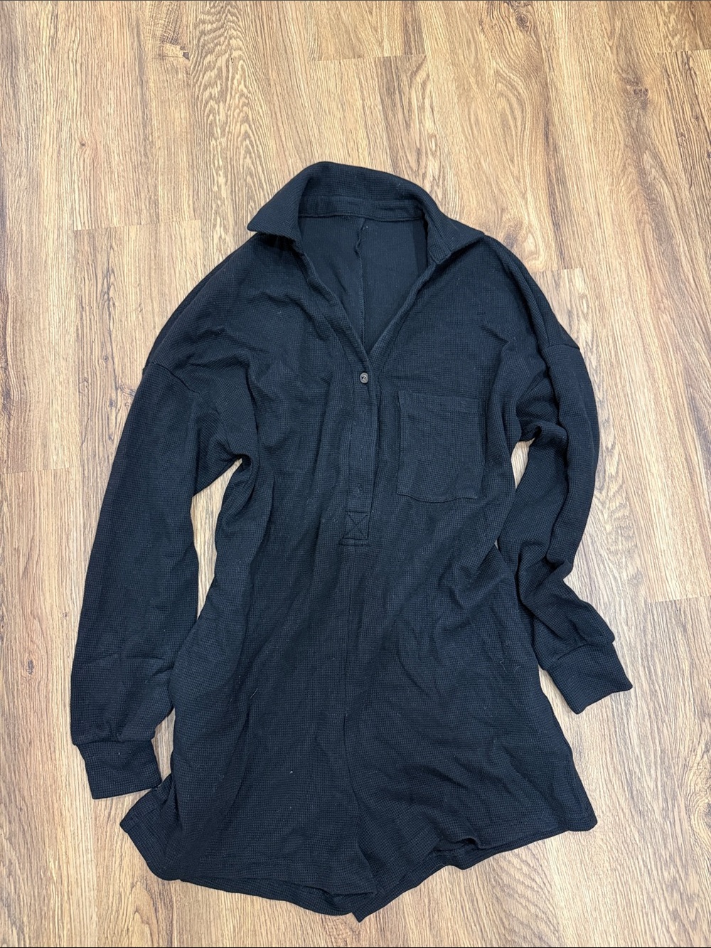 Black Collar Henley romper with Chest Pocket
